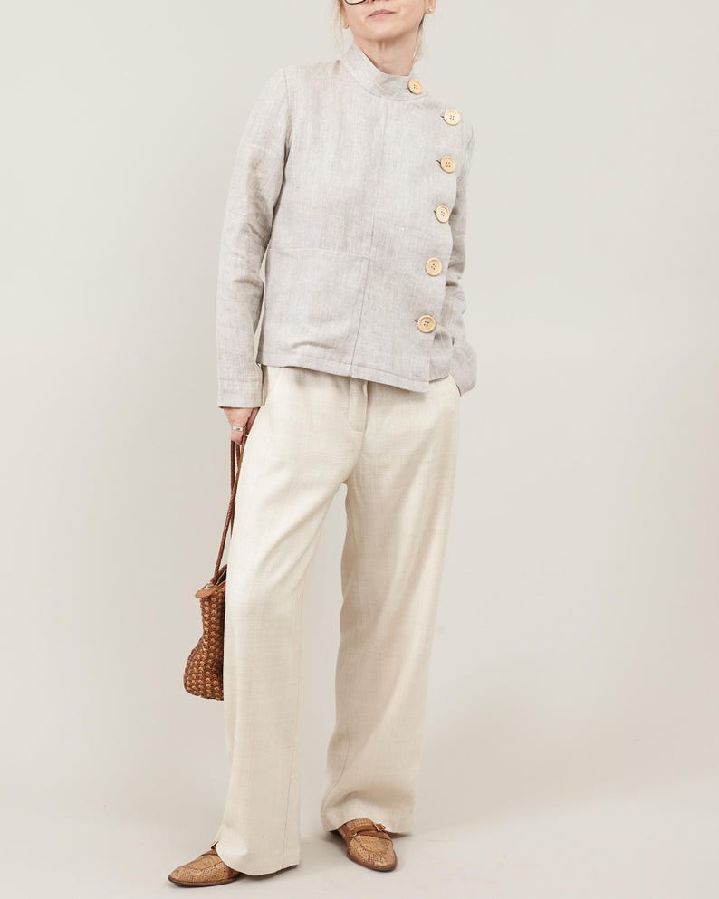 Linen Blouse for Women – Long Sleeve Asymmetrical Button-Up, Clean Minimalist Design, Mandarin Collar, Chic Weekend Jacket for Spring Summer