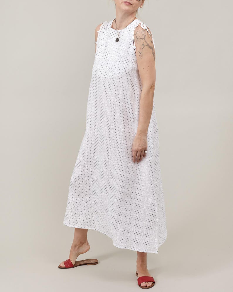 Linen Dress for Women, White Polka Dot Maxi Dress with Shoulder Ribbons, Versatile A-Line Shift Dress, Sleeveless Design