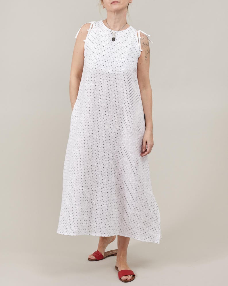 Linen Dress for Women, White Polka Dot Maxi Dress with Shoulder Ribbons, Versatile A-Line Shift Dress, Sleeveless Design