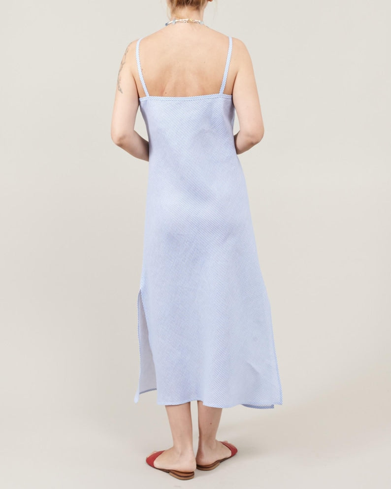 Striped Linen Dress for Summer Days at the Beach | Bias Cut Slip Dress in Light Blue