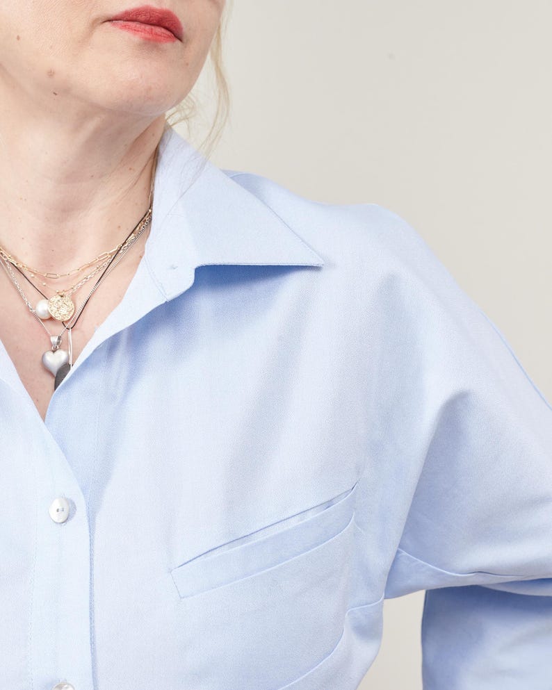 Blue Shirt for Women – Elegant Long Sleeve Premium Cotton Blouse, Drop Shoulder Relaxed Fit, Retro Chic Work Top in Light Shades or Stripes