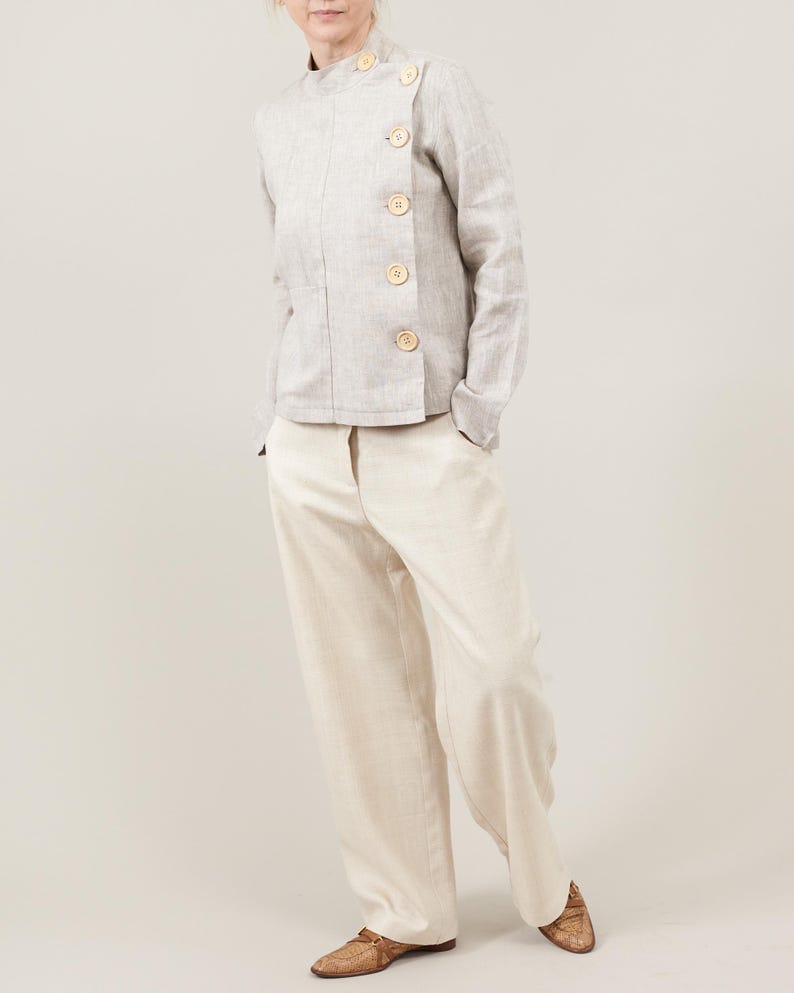 Linen Blouse for Women – Long Sleeve Asymmetrical Button-Up, Clean Minimalist Design, Mandarin Collar, Chic Weekend Jacket for Spring Summer