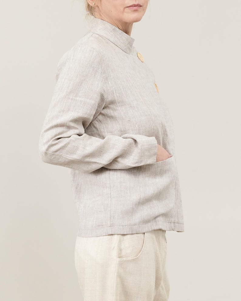 Linen Blouse for Women – Long Sleeve Asymmetrical Button-Up, Clean Minimalist Design, Mandarin Collar, Chic Weekend Jacket for Spring Summer