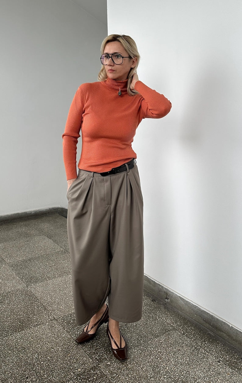 Cropped Wool Pants for Women, Tapered Wide-Leg Barrel Trousers, Custom Fit in Neutral Greige, Loose Tailored Pants for Spring Fall