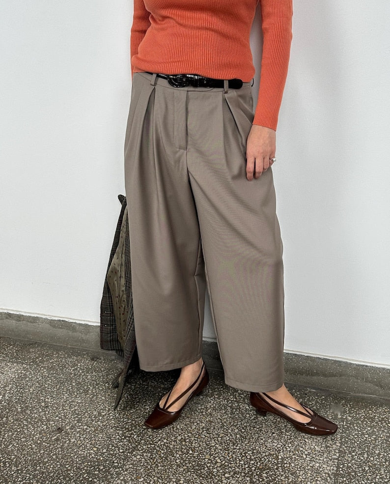 Cropped Wool Pants for Women, Tapered Wide-Leg Barrel Trousers, Custom Fit in Neutral Greige, Loose Tailored Pants for Spring Fall
