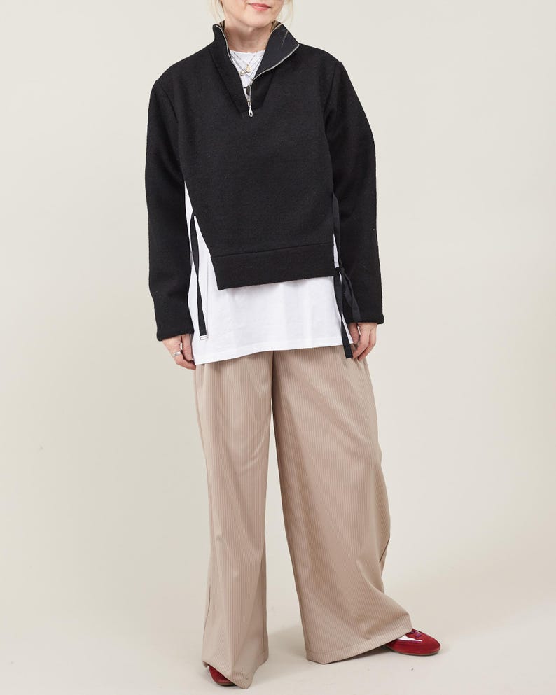 Black Wool Jacket for Women - Fall and Spring Outerwear, Pullover Coat Deconstructed Cape Design with High Collar in Boiled Wool or Cashmere