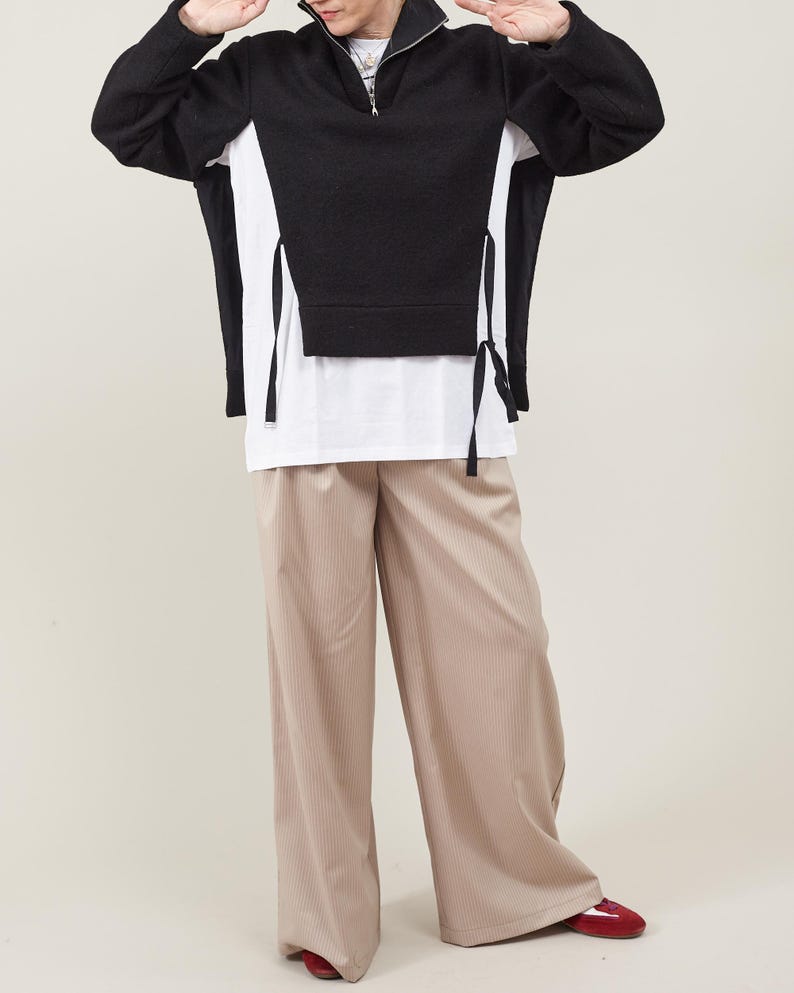 Black Wool Jacket for Women - Fall and Spring Outerwear, Pullover Coat Deconstructed Cape Design with High Collar in Boiled Wool or Cashmere