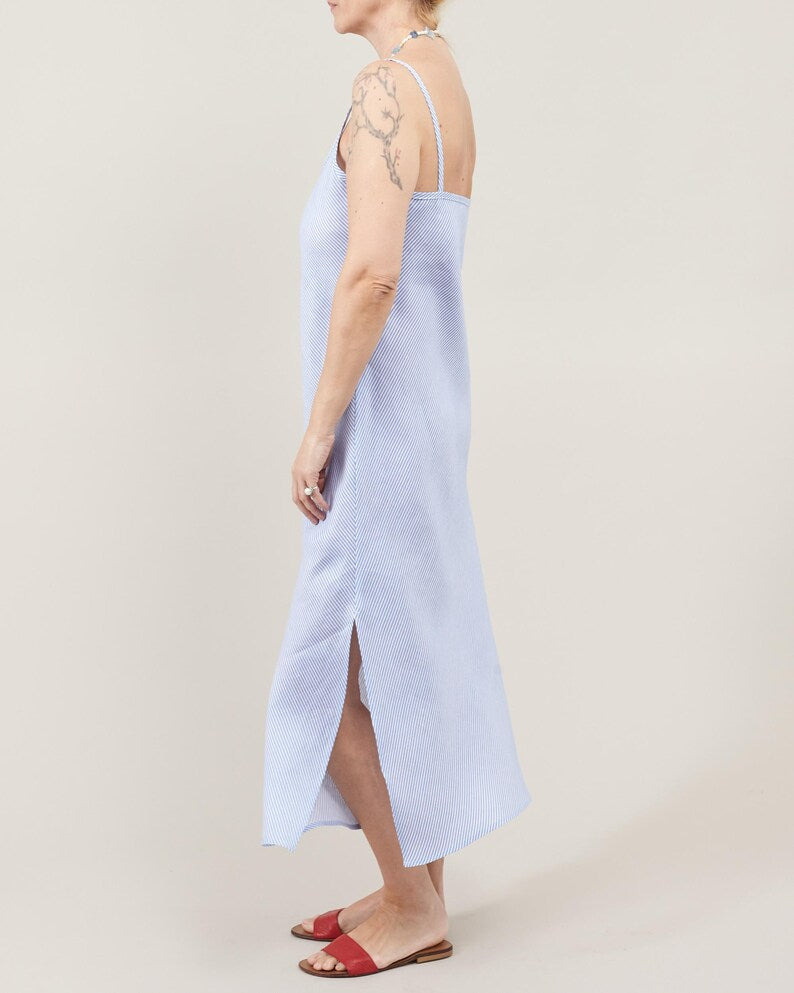 Striped Linen Dress for Summer Days at the Beach | Bias Cut Slip Dress in Light Blue