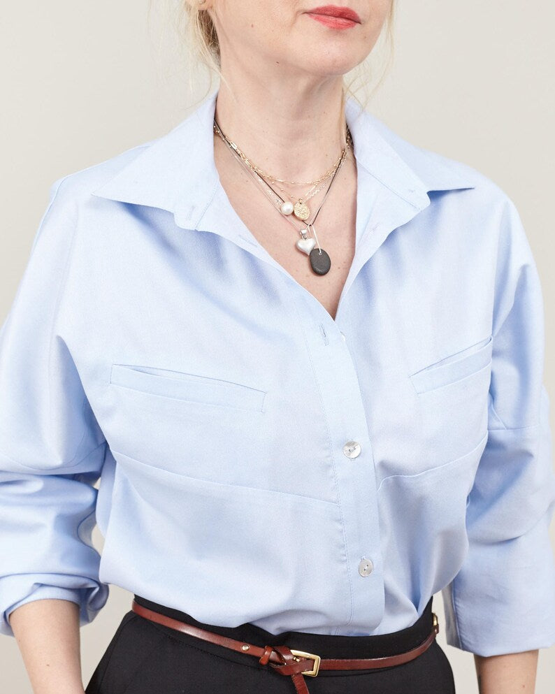 Blue Shirt for Women – Elegant Long Sleeve Premium Cotton Blouse, Drop Shoulder Relaxed Fit, Retro Chic Work Top in Light Shades or Stripes