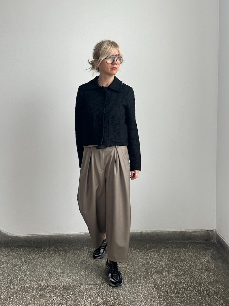 Cropped Wool Pants for Women, Tapered Wide-Leg Barrel Trousers, Custom Fit in Neutral Greige, Loose Tailored Pants for Spring Fall
