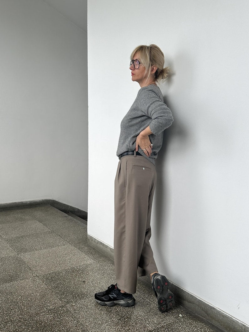 Cropped Wool Pants for Women, Tapered Wide-Leg Barrel Trousers, Custom Fit in Neutral Greige, Loose Tailored Pants for Spring Fall