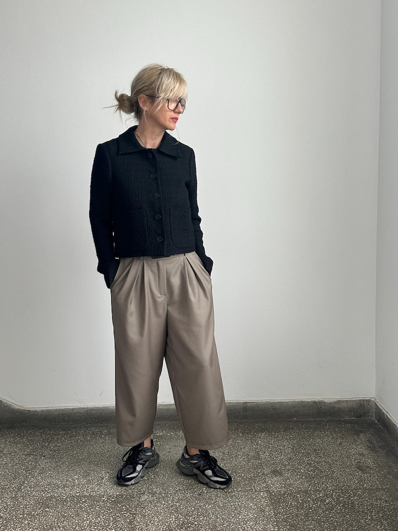 Cropped Wool Pants for Women, Tapered Wide-Leg Barrel Trousers, Custom Fit in Neutral Greige, Loose Tailored Pants for Spring Fall