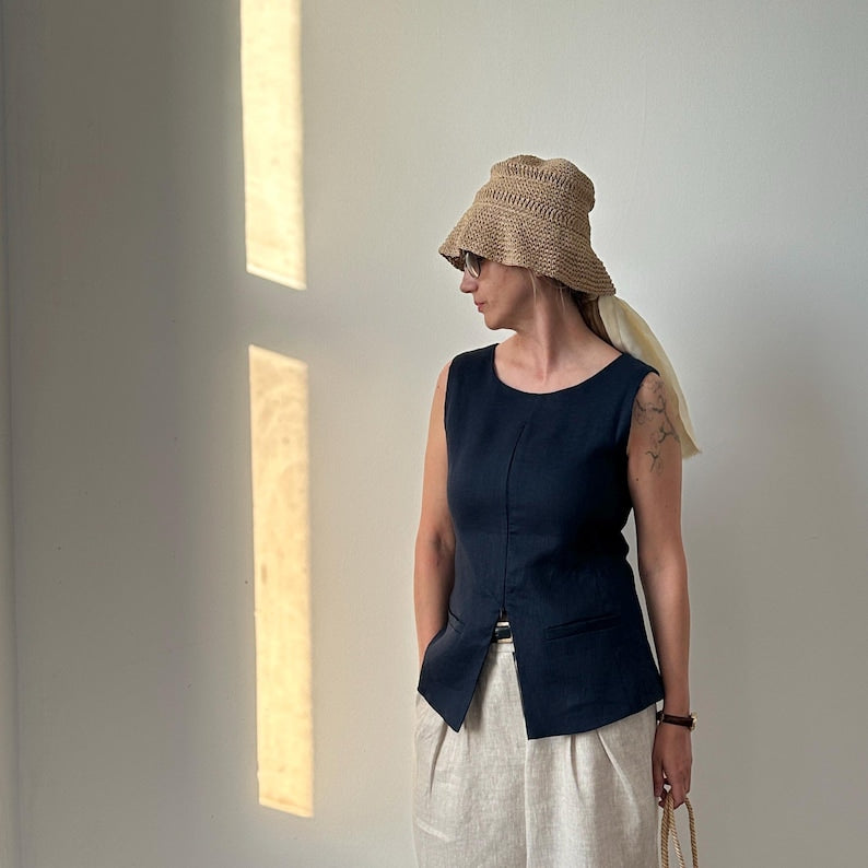 Linen Waistcoat – Elegant Sleeveless Summer Top, Long Line Tailored Vest for Smart Casual and Minimalist Looks
