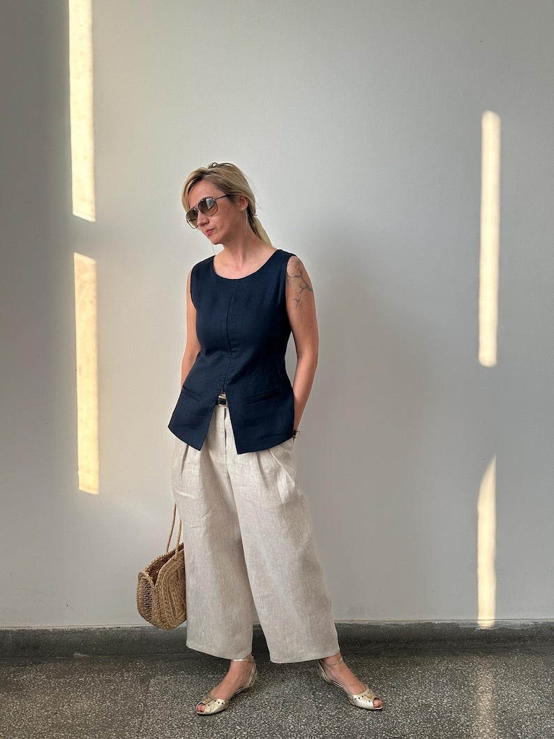 Linen Waistcoat – Elegant Sleeveless Summer Top, Long Line Tailored Vest for Smart Casual and Minimalist Looks
