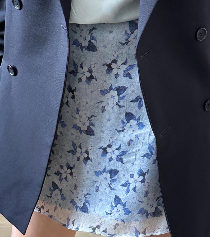 100% Silk Mini Skirt – Blue Floral, Sheer Organza Skirt for Summer Parties, Bridesmaids, Wedding Guests, or Chic Everyday Wear
