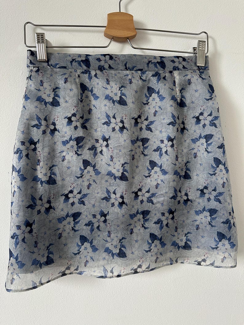 100% Silk Mini Skirt – Blue Floral, Sheer Organza Skirt for Summer Parties, Bridesmaids, Wedding Guests, or Chic Everyday Wear