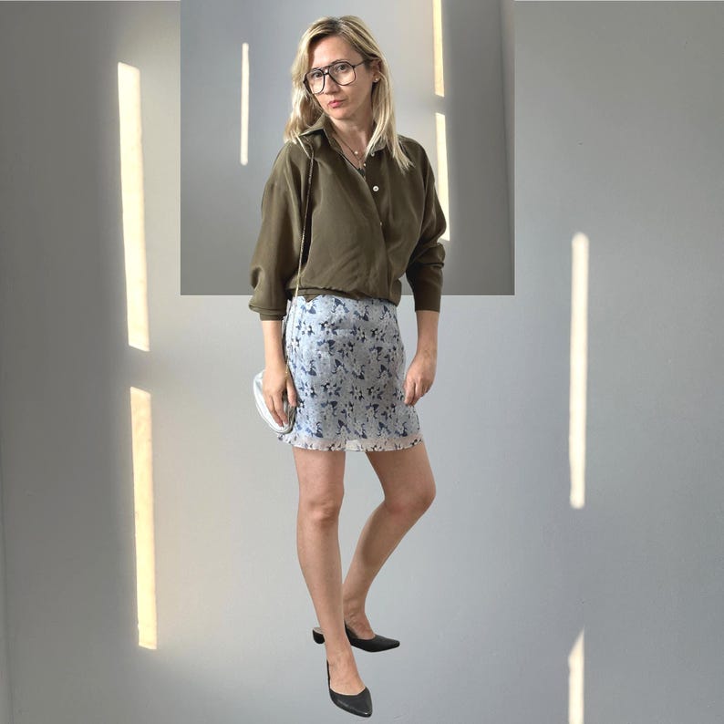 100% Silk Mini Skirt – Blue Floral, Sheer Organza Skirt for Summer Parties, Bridesmaids, Wedding Guests, or Chic Everyday Wear