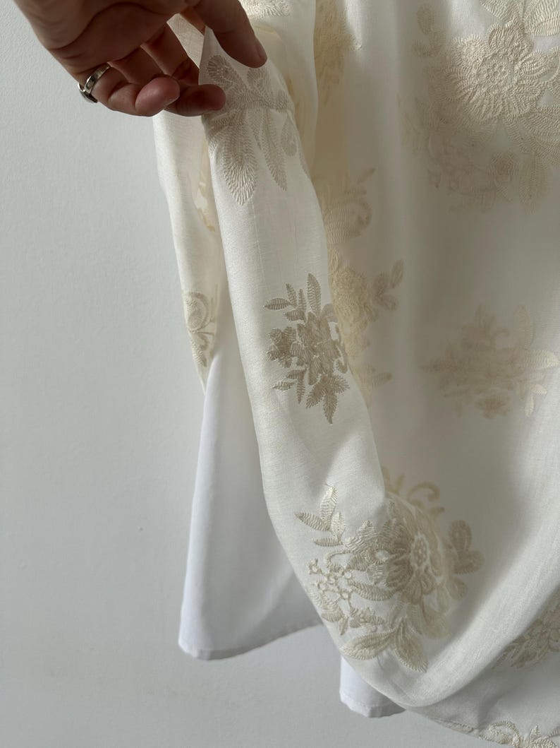 White Midi Skirt in Breathable Silk and Cotton blend, Sheer Summer Skirt in Demure Floral Embroidery, Side Slit, Straight Cut, Relaxed fit