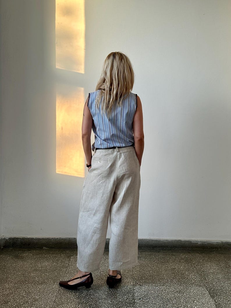 Linen Cropped Pants – Wide Leg, Barrel Cut Linen Trousers in Sand Beige, Chic Summer Pants for Office or Casual Wear – Fine Thee