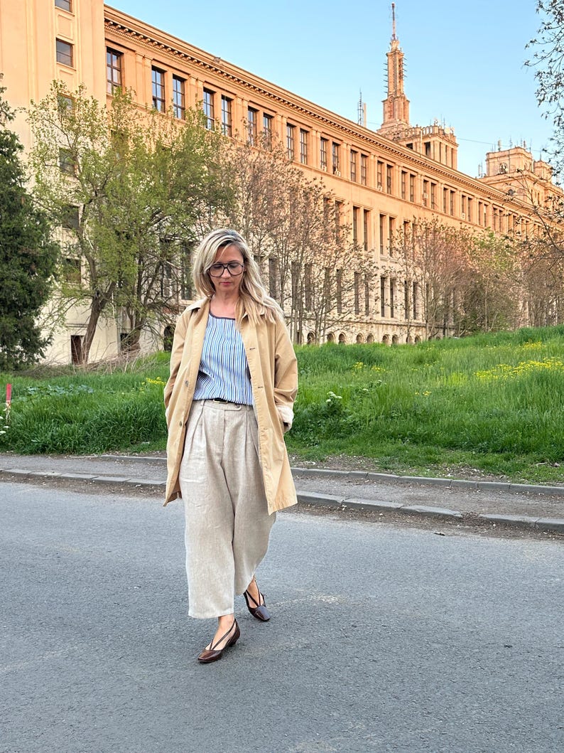 Linen Cropped Pants – Wide Leg, Barrel Cut Linen Trousers in Sand Beige, Chic Summer Pants for Office or Casual Wear – Fine Thee