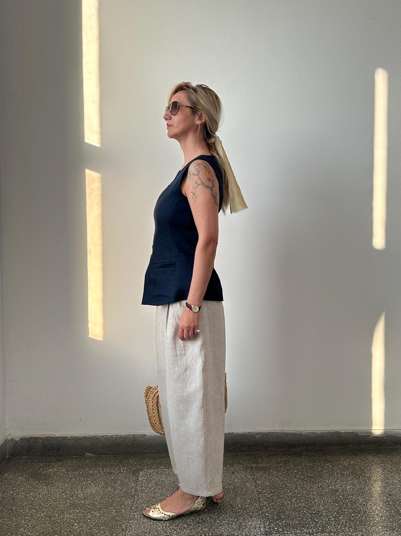 Linen Cropped Pants – Wide Leg, Barrel Cut Linen Trousers in Sand Beige, Chic Summer Pants for Office or Casual Wear – Fine Thee