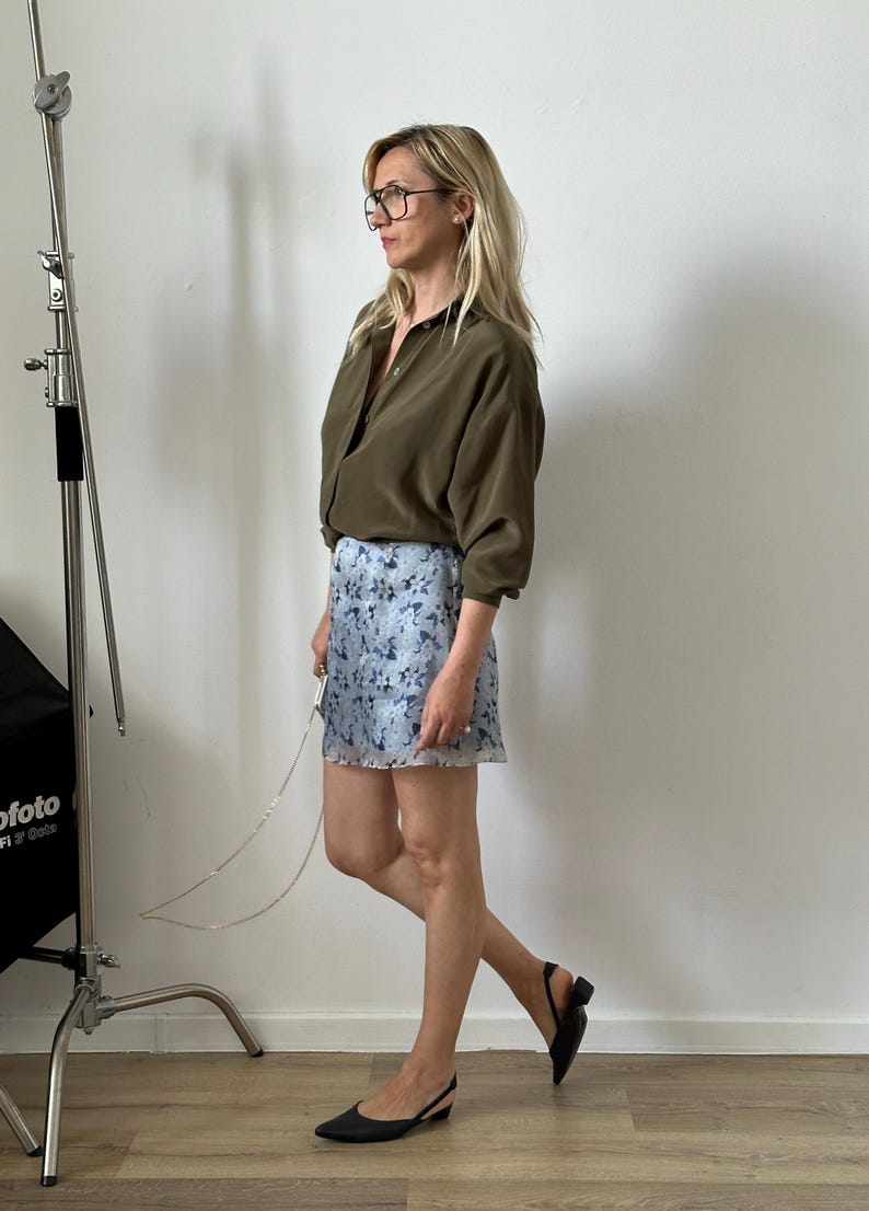100% Silk Mini Skirt – Blue Floral, Sheer Organza Skirt for Summer Parties, Bridesmaids, Wedding Guests, or Chic Everyday Wear
