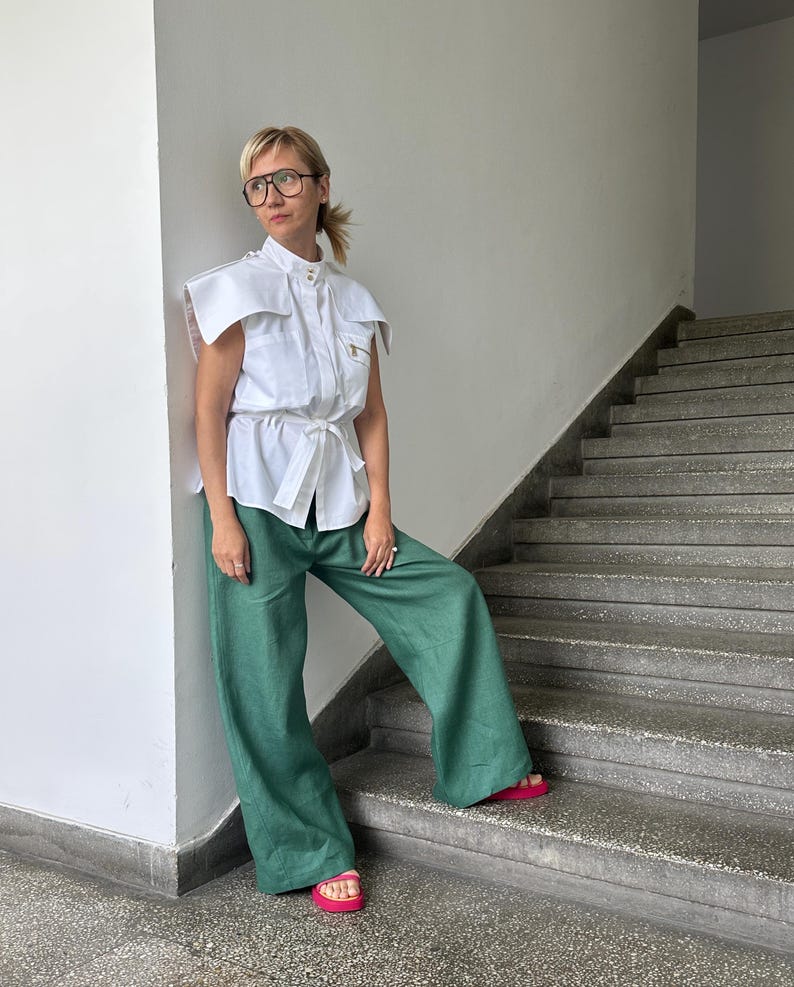 Slouchy Linen Pants for Summer | Chic Wide Leg Trousers for Women | Custom Size and Length Available