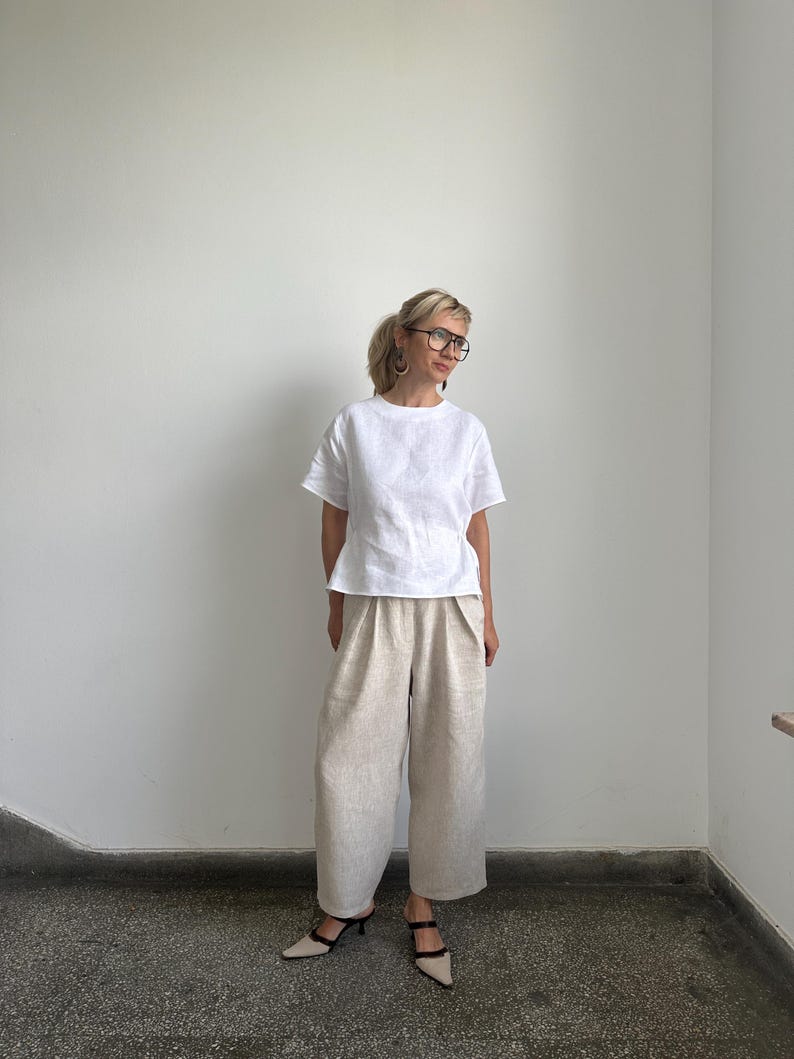 White Linen Blouse for Chic Summer Outfits | Feminine Peplum Top with Short Sleeve