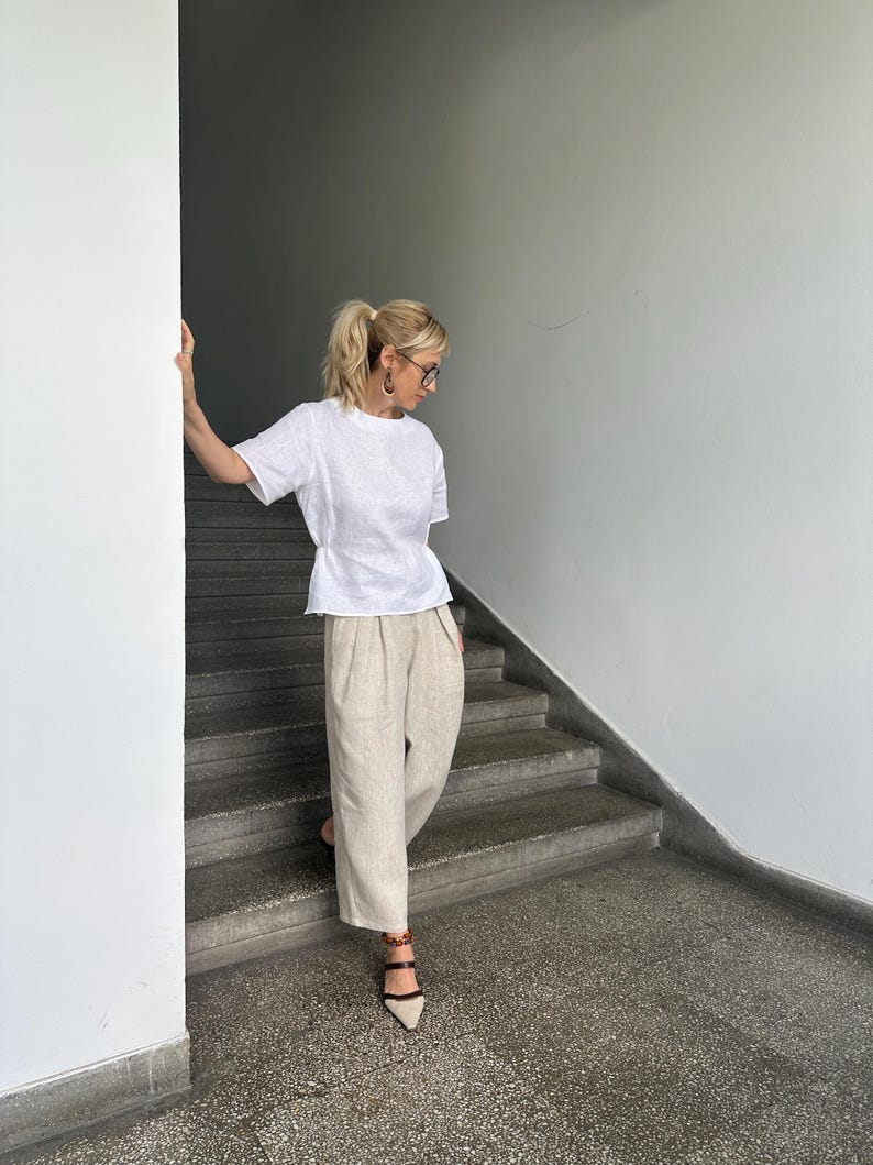 White Linen Blouse for Chic Summer Outfits | Feminine Peplum Top with Short Sleeve
