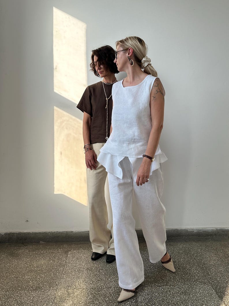 White Linen Pants for Women | Wide Leg Trousers with Skirt Overlay