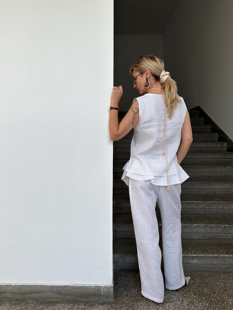 White Linen Pants for Women | Wide Leg Trousers with Skirt Overlay