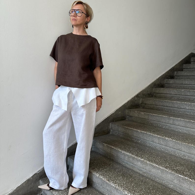 White Linen Pants for Women | Wide Leg Trousers with Skirt Overlay