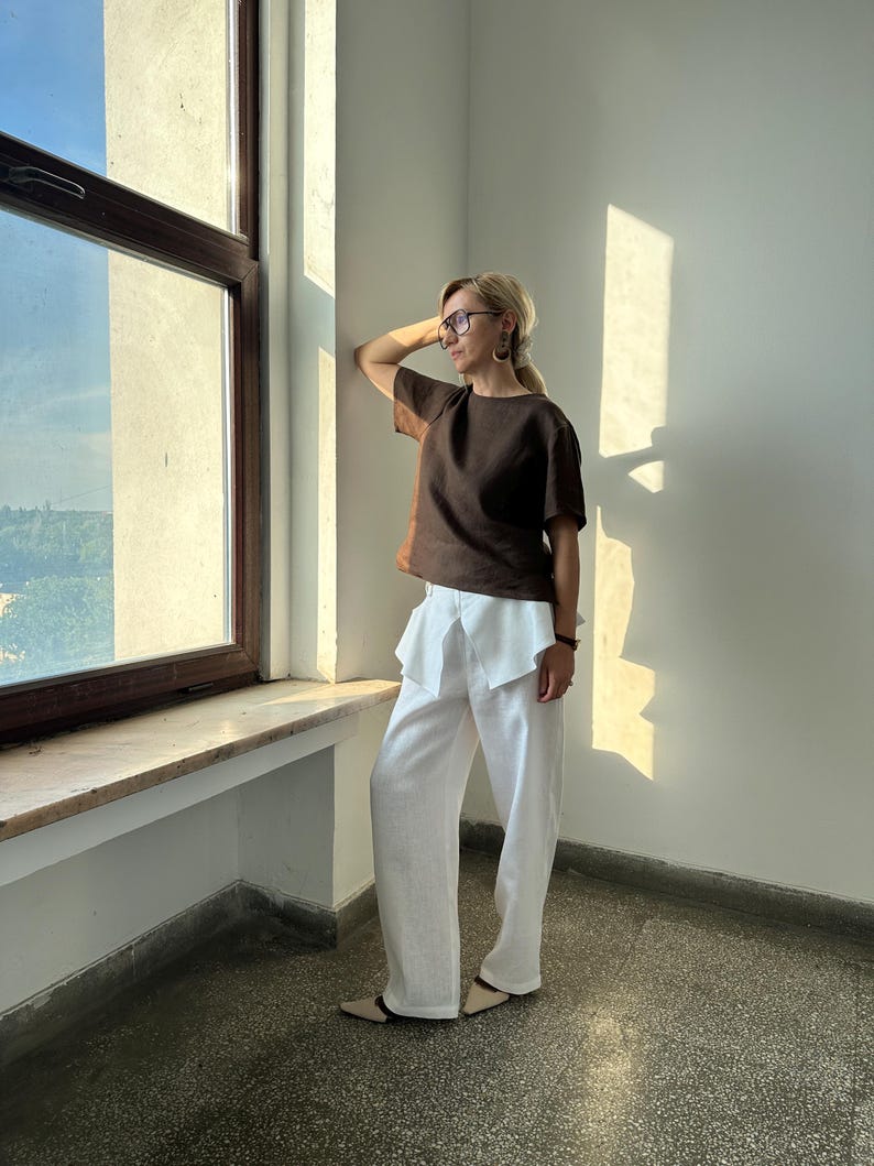 White Linen Pants for Women | Wide Leg Trousers with Skirt Overlay