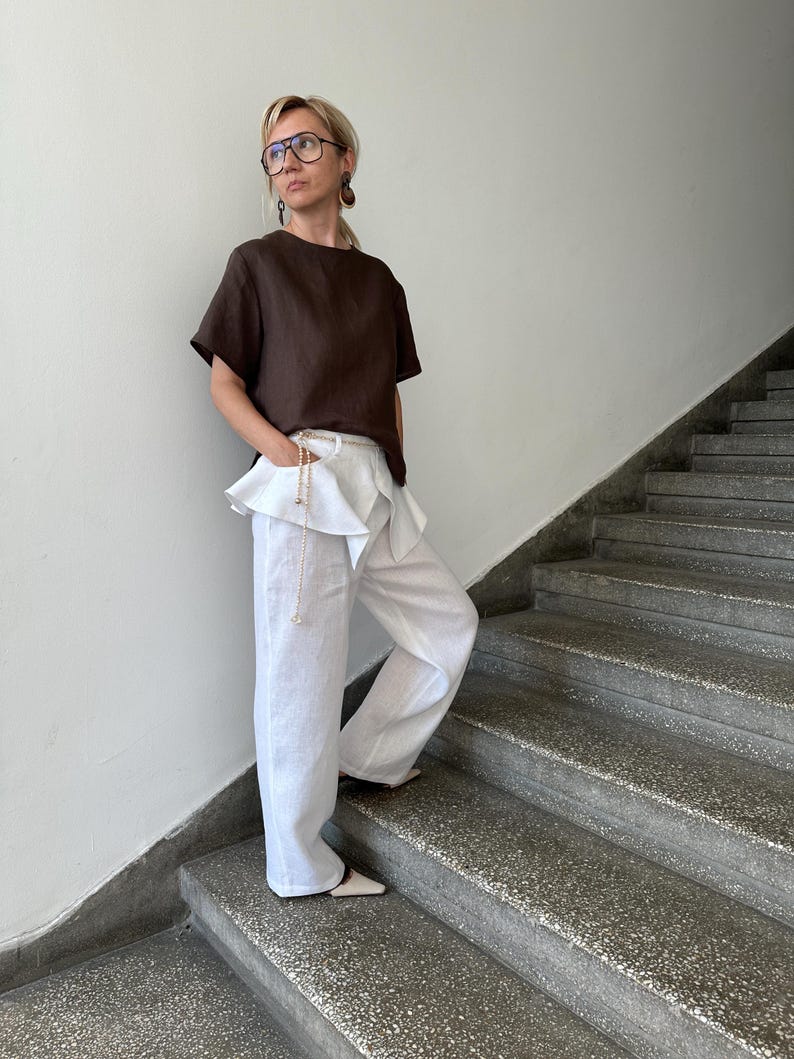 White Linen Pants for Women | Wide Leg Trousers with Skirt Overlay