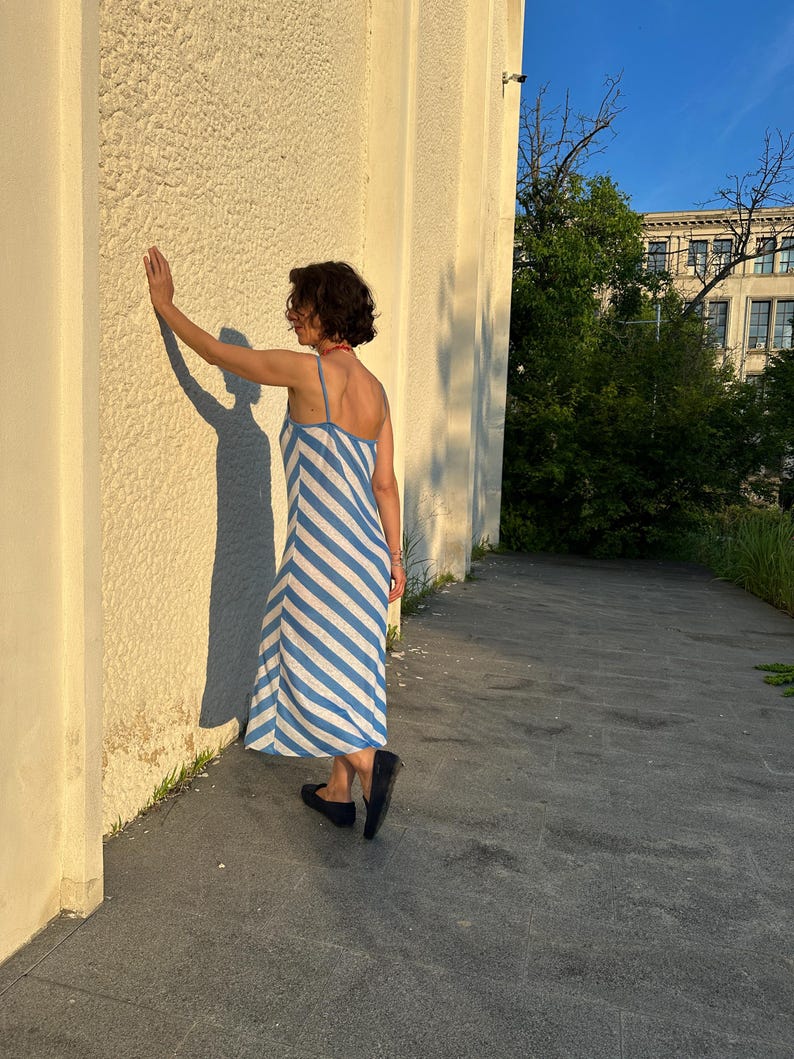 Breezy Jersey Linen Beach Dress | Blue and White Stripes, Bias Cut Slip Dress for Summer