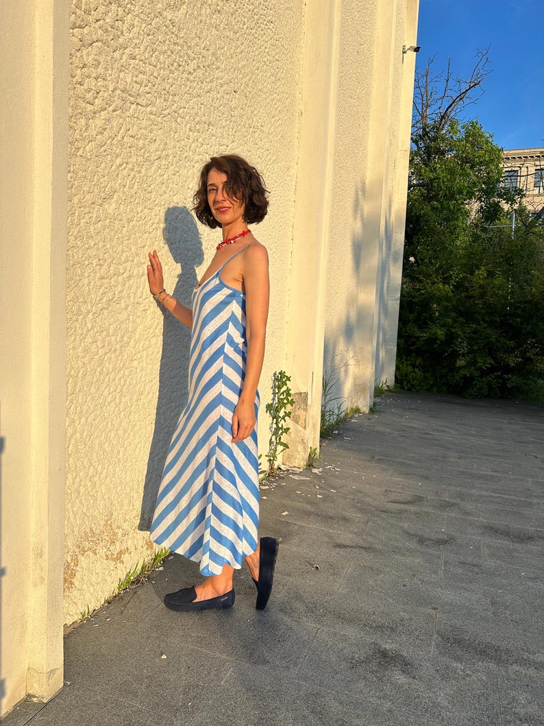 Breezy Jersey Linen Beach Dress | Blue and White Stripes, Bias Cut Slip Dress for Summer