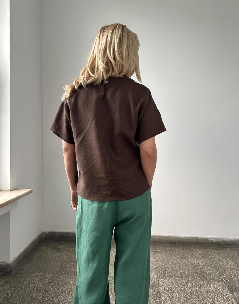 Brown Linen Top for Summer | Minimalist Short Sleeve Blouse | Chic Linen T-Shirts in Neutral Shades for Capsule Wardrobes