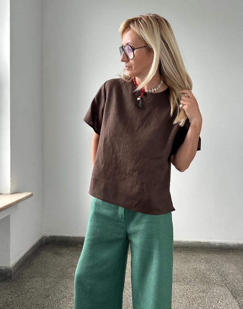 Brown Linen Top for Summer | Minimalist Short Sleeve Blouse | Chic Linen T-Shirts in Neutral Shades for Capsule Wardrobes