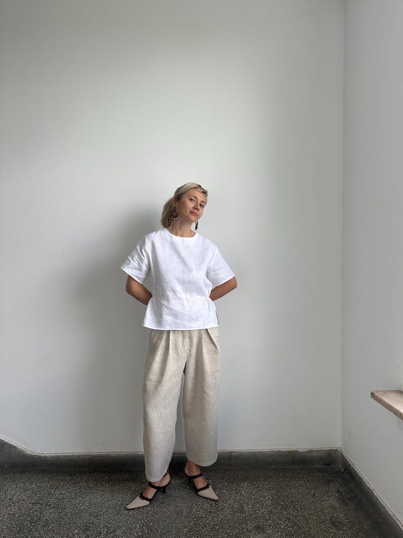 White Linen Blouse for Chic Summer Outfits | Feminine Peplum Top with Short Sleeve
