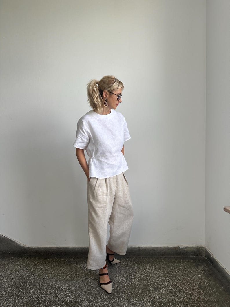 White Linen Blouse for Chic Summer Outfits | Feminine Peplum Top with Short Sleeve