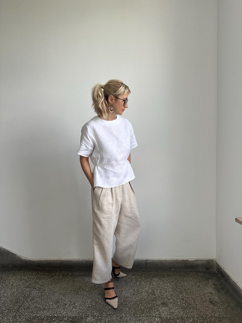 White Linen Blouse for Chic Summer Outfits | Feminine Peplum Top with Short Sleeve
