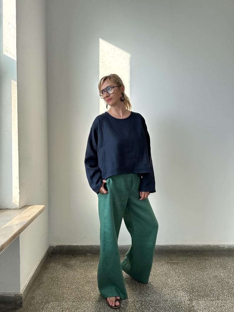 Loose Linen Blouse for Women | One Size Fits All Top with Long Sleeve, Asymmetrical Cut | Chic Gift for Her