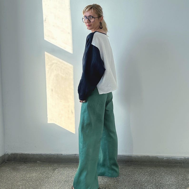Loose Linen Blouse for Women | One Size Fits All Top with Long Sleeve, Asymmetrical Cut | Chic Gift for Her