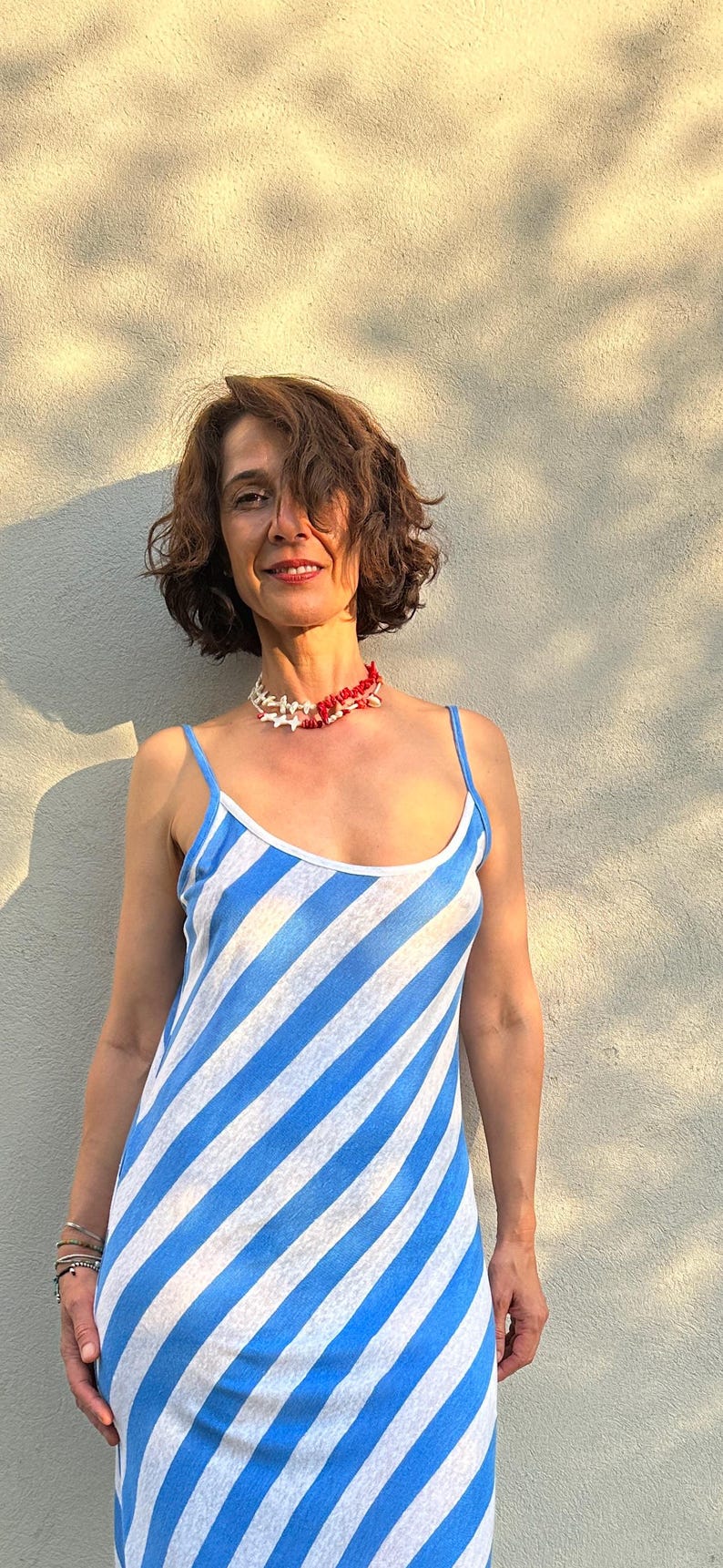 Breezy Jersey Linen Beach Dress | Blue and White Stripes, Bias Cut Slip Dress for Summer