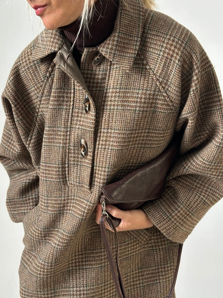 Plaid Wool Coat for Women, Pullover Style in Earthy Tones