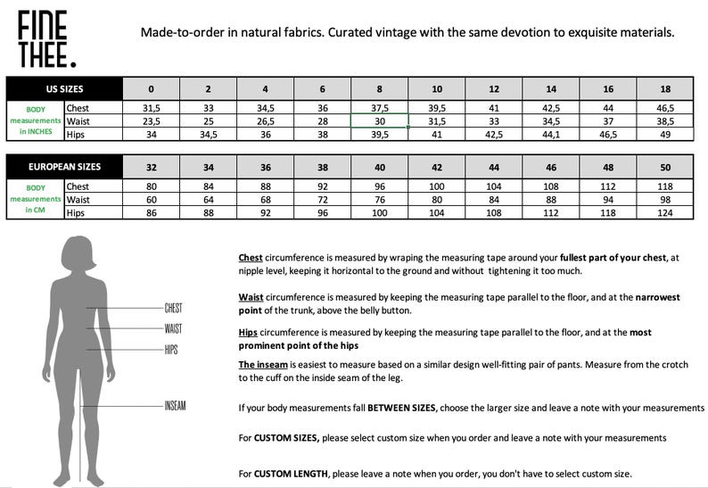 Size chart for clothing with US and European size conversions and measurements.