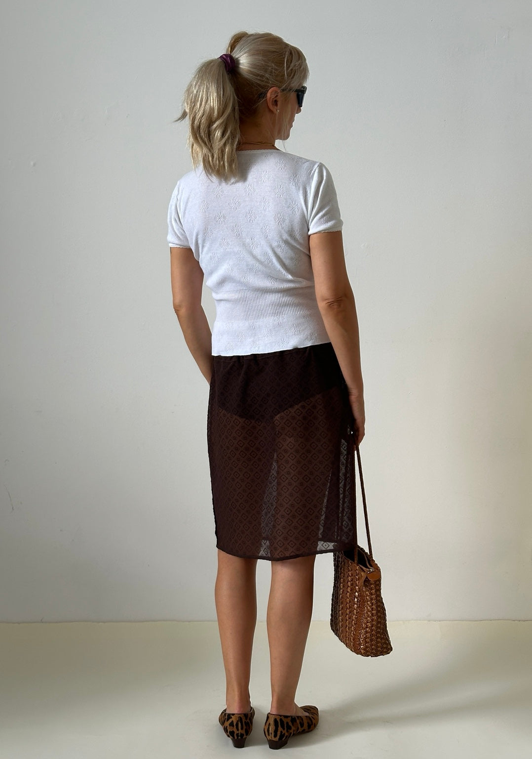 Chocolate brown sheer silk jacquard skirt, Fine Thee, view 4