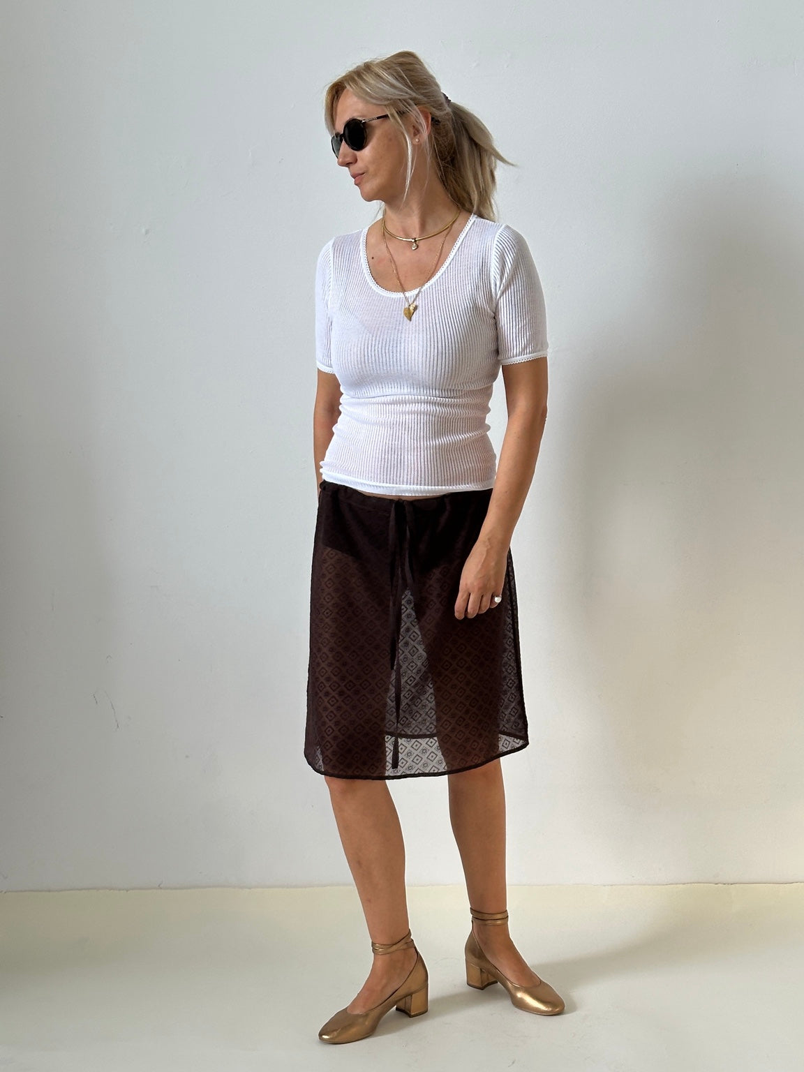 Chocolate brown sheer silk jacquard skirt, Fine Thee, view 1