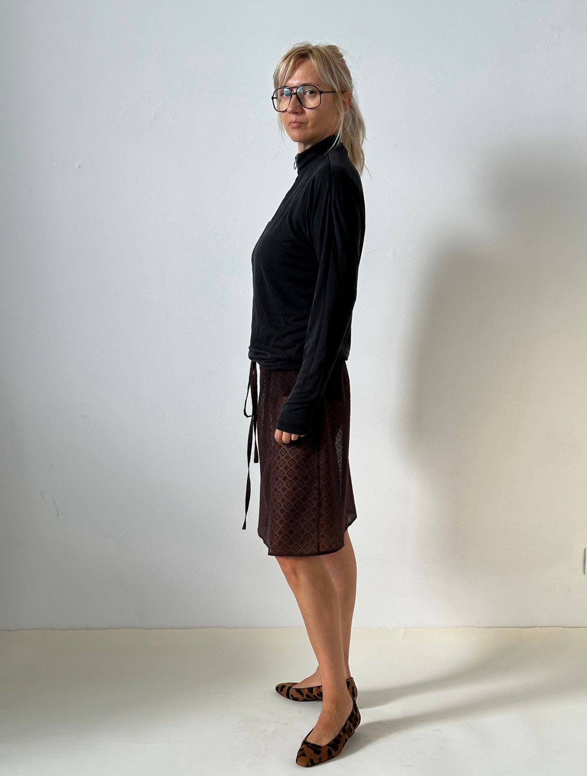 Chocolate brown sheer silk jacquard skirt, Fine Thee, view 2