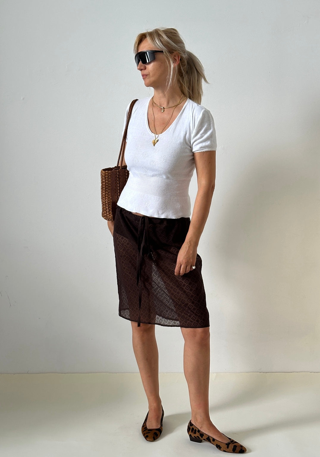 Chocolate brown sheer silk jacquard skirt, Fine Thee, view 7